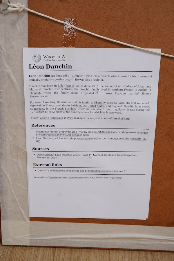 Leon Danchin (1887-1938), A pointer at work, signed in pencil, dry point etching with hand colouring, 40 x 58cm